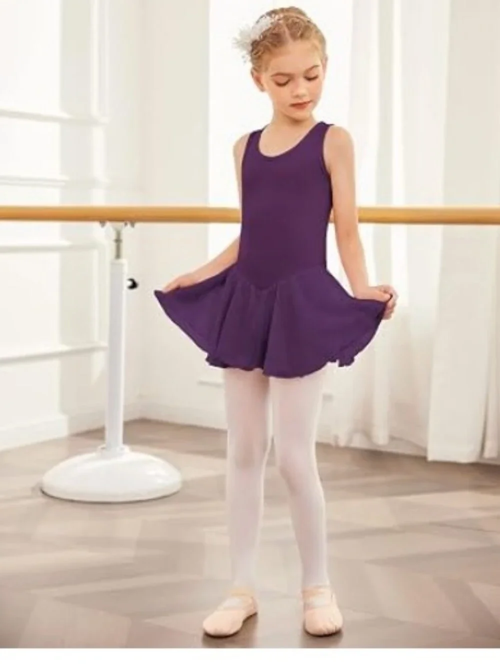 Girls Hollow Back Ballet Leotard with Skirt Sleeveless Dance Dress Purple
